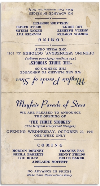 Promotional Card for a Three Stooges Appearance in October 1941 -- 4.5 x 8.5 Unfolded -- Soiling, Else Very Good